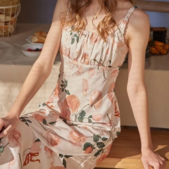 Simple Retro Dresses & Skirts - Floral Midi Dress in Cream and Pink